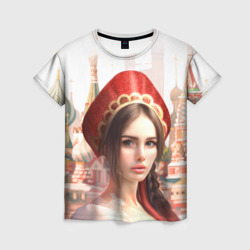 Женская футболка 3D Девушка в кокошнике с косой - кремль