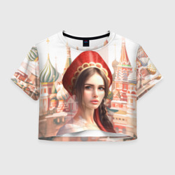 Женская футболка Crop-top 3D Девушка в кокошнике с косой - кремль