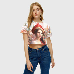 Женская футболка Crop-top 3D Девушка в кокошнике с косой - кремль - фото 2