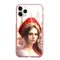 Чехол для iPhone 11 Pro Max матовый Девушка в кокошнике с косой - кремль