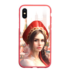 Чехол для iPhone XS Max матовый Девушка в кокошнике с косой - кремль