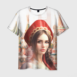 Мужская футболка 3D Девушка в кокошнике с косой - кремль
