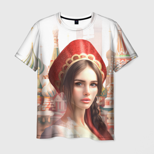 Мужская футболка с принтом Девушка в кокошнике с косой - кремль, вид спереди №1