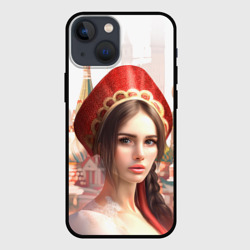 Чехол для iPhone 13 mini Девушка в кокошнике с косой - кремль