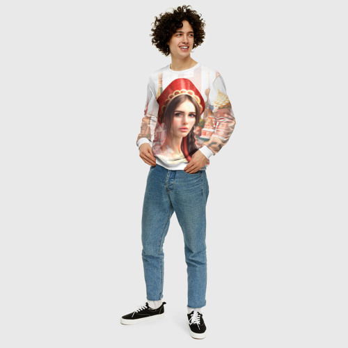 Мужской свитшот 3D Девушка в кокошнике с косой - кремль, цвет белый - фото 5