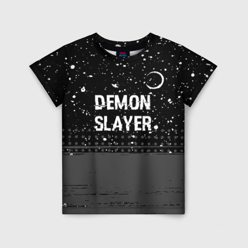 Детская футболка 3D с принтом Demon Slayer glitch на темном фоне: символ сверху, вид спереди #2