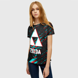 Женская футболка 3D Zelda в стиле glitch и баги графики на темном фоне - фото 2