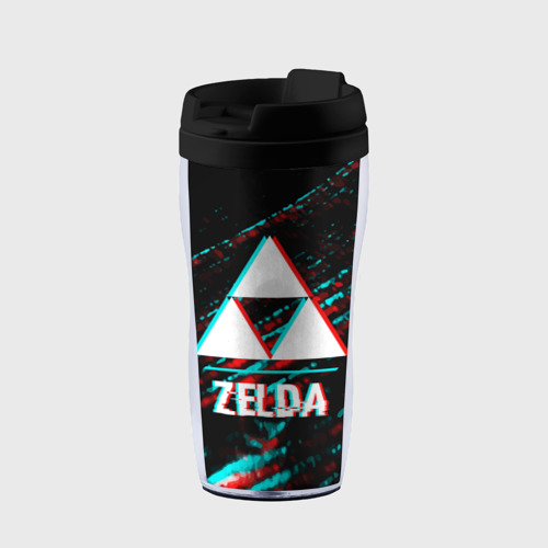 Термокружка-непроливайка Zelda в стиле glitch и баги графики на темном фоне