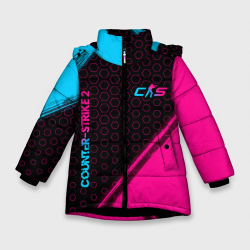 Зимняя куртка для девочек 3D с принтом Counter-Strike 2 - neon gradient: надпись, символ, вид спереди #2