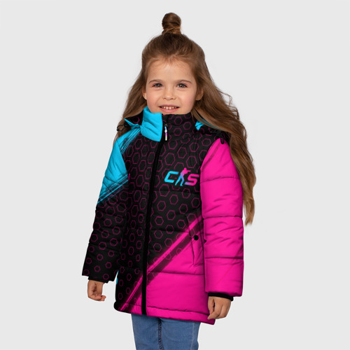 Зимняя куртка для девочек 3D с принтом Counter-Strike 2 - neon gradient: надпись, символ, фото на моделе #1