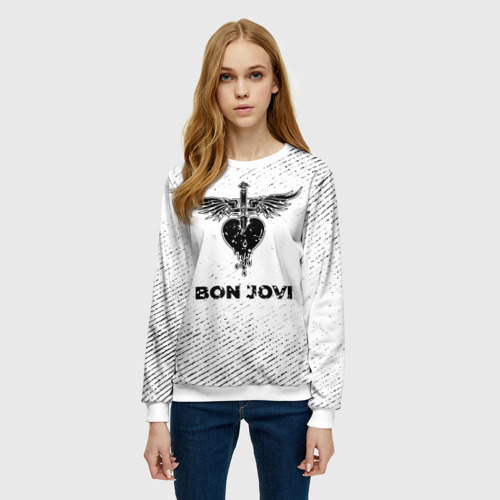 Женский свитшот 3D Bon Jovi с потертостями на светлом фоне, цвет 3D печать - фото 3
