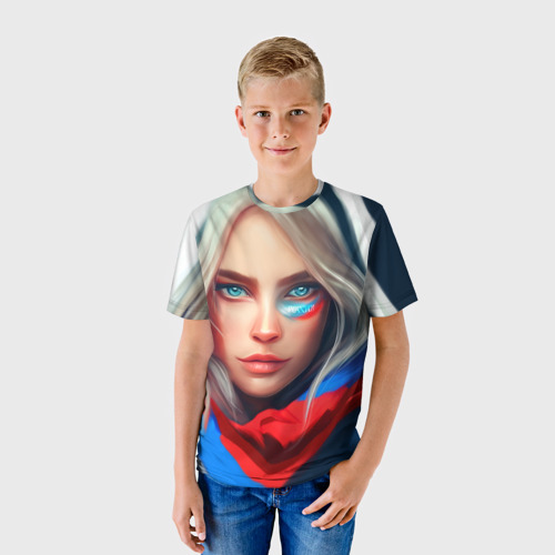 Детская футболка 3D Девушка с голубыми глазами в флаге, цвет 3D печать - фото 3