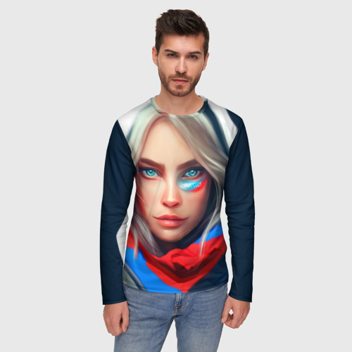 Мужской лонгслив 3D Девушка с голубыми глазами в флаге, цвет 3D печать - фото 3