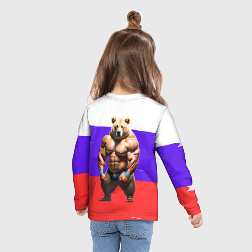 Детский лонгслив 3D Накаченный медведь на Российском флаге, цвет 3D печать - фото 6