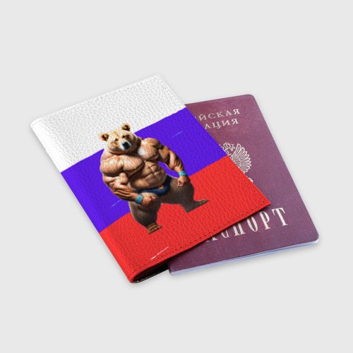 Обложка для паспорта матовая кожа Накаченный медведь на Российском флаге, цвет пыльно-розовый - фото 3