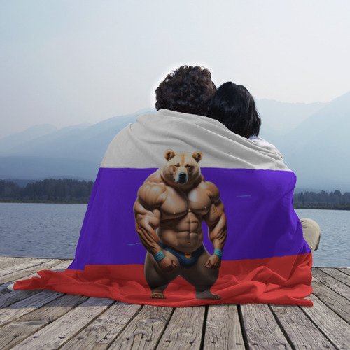 Плед 3D Накаченный медведь на Российском флаге, цвет 3D (велсофт) - фото 3