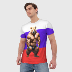 Мужская футболка 3D Накаченный медведь на Российском флаге - фото 2