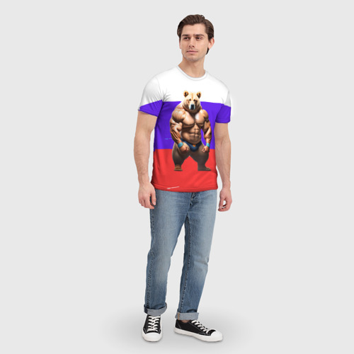 Мужская футболка 3D Накаченный медведь на Российском флаге, цвет 3D печать - фото 5
