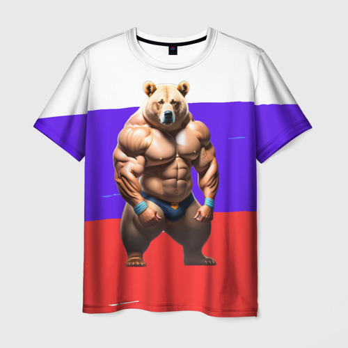 Мужская футболка 3D Накаченный медведь на Российском флаге, цвет 3D печать