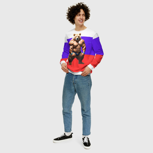 Мужской свитшот 3D Накаченный медведь на Российском флаге, цвет белый - фото 5