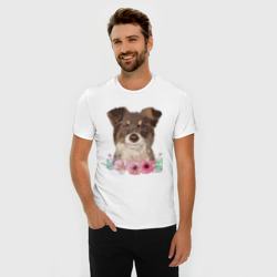 Мужская футболка хлопок Slim Акварельный пес в цветах - фото 2