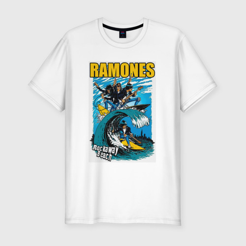 Мужская футболка приталенная из хлопка с принтом Ramones rock away beach, вид спереди №1