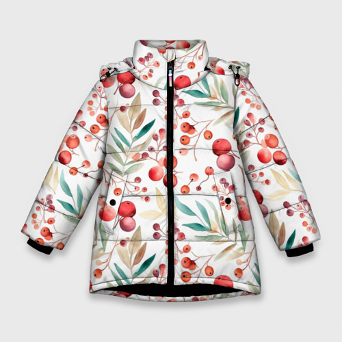 Зимняя куртка для девочек 3D с принтом Клюква под снегом, вид спереди #2