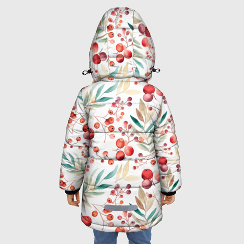 Зимняя куртка для девочек 3D с принтом Клюква под снегом, вид сзади #2
