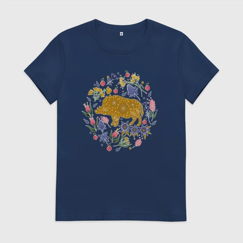 Женская футболка хлопок с принтом Кабан травы цветы, вид спереди #2