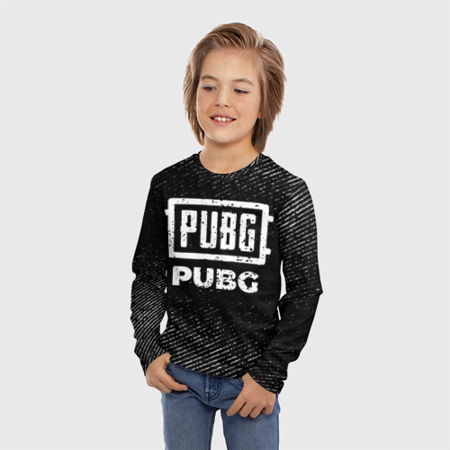 Детский лонгслив 3D с принтом PUBG с потертостями на темном фоне, фото на моделе #1