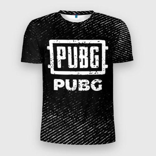 Мужская футболка 3D Slim с принтом PUBG с потертостями на темном фоне, вид спереди #2