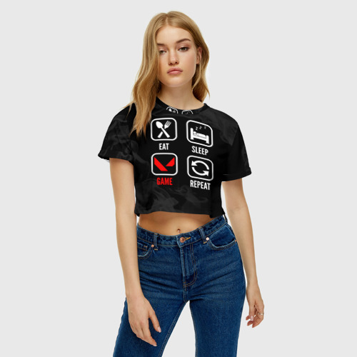 Женская футболка Crop-top 3D Eat, sleep, Valorant, repeat, цвет 3D печать - фото 3