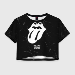 Женская футболка Crop-top 3D Rolling Stones glitch на темном фоне