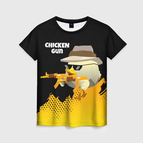 Женская футболка 3D с принтом Цыпленок с автоматом, вид спереди #2