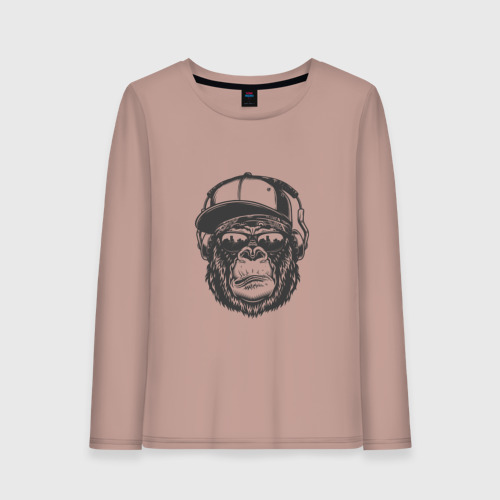 Женский лонгслив хлопок с принтом Крутая обезьяна, вид спереди #2