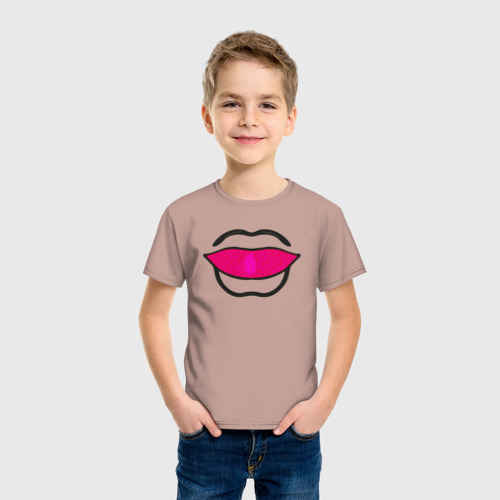 Детская футболка хлопок Губы абстракция, силуэт рта, цвет пыльно-розовый - фото 3