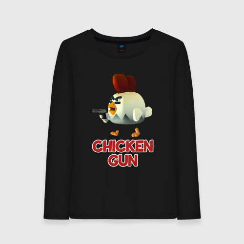 Женский лонгслив хлопок с принтом Chicken Gun chick, вид спереди #2