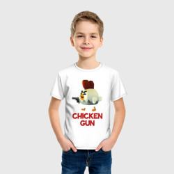 Футболка с принтом Chicken Gun chick для ребенка, вид на модели спереди №2. Цвет основы: белый