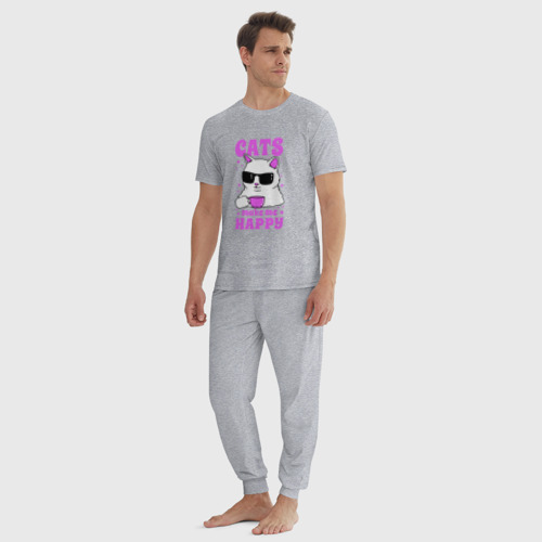 Мужская пижама хлопок с принтом Котик делает меня счастливее, вид сбоку #3