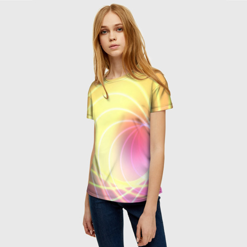 Женская футболка 3D Абстрактные неоновые светящиеся розово желтые спиральные линии, цвет 3D печать - фото 3