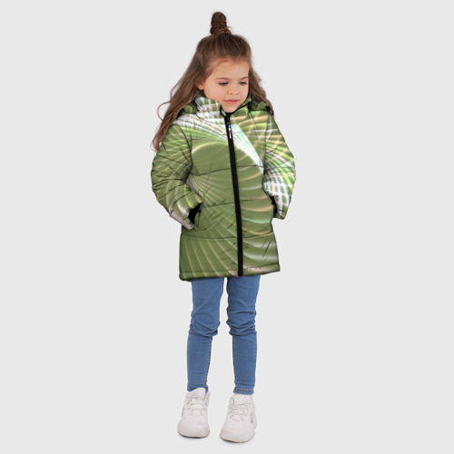 Зимняя куртка для девочек 3D с принтом Абстрактные неоновые светящиеся зелено желтые спиральные линии, вид сбоку #3