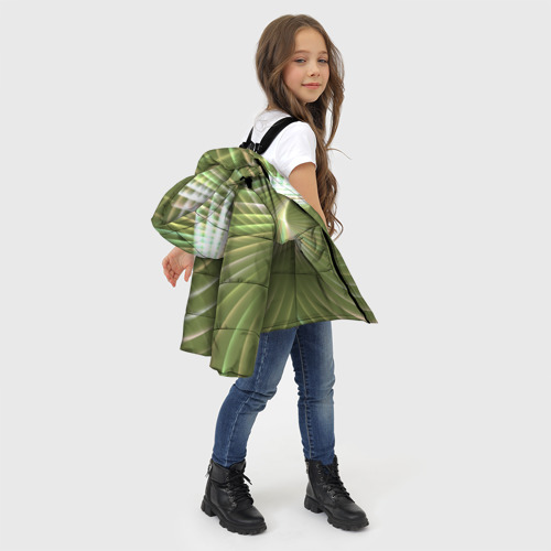 Зимняя куртка для девочек 3D с принтом Абстрактные неоновые светящиеся зелено желтые спиральные линии, фото #4