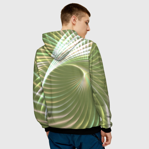 Мужская толстовка 3D с принтом Абстрактные неоновые светящиеся зелено желтые спиральные линии, вид сзади #2
