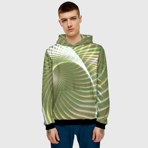 Мужская толстовка 3D с принтом Абстрактные неоновые светящиеся зелено желтые спиральные линии, фото на моделе #1