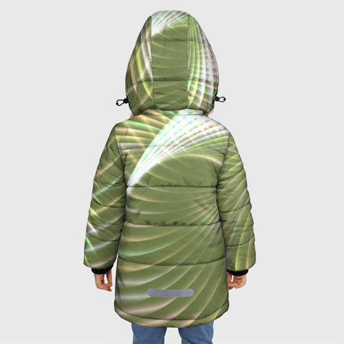 Зимняя куртка для девочек 3D с принтом Абстрактные неоновые светящиеся зелено желтые спиральные линии, вид сзади #2