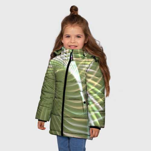 Зимняя куртка для девочек 3D с принтом Абстрактные неоновые светящиеся зелено желтые спиральные линии, фото на моделе #1