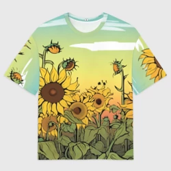 Женская футболка oversize 3D Поле подсолнухов