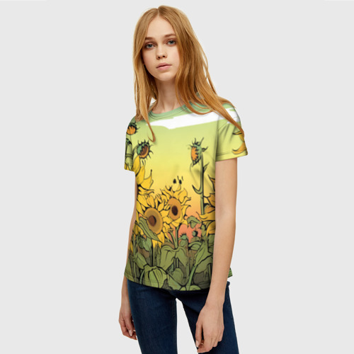 Женская футболка 3D с принтом Поле подсолнухов, фото на моделе #1