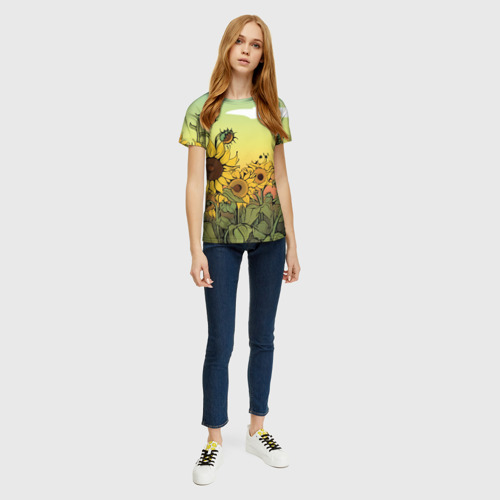 Женская футболка 3D с принтом Поле подсолнухов, вид сбоку #3