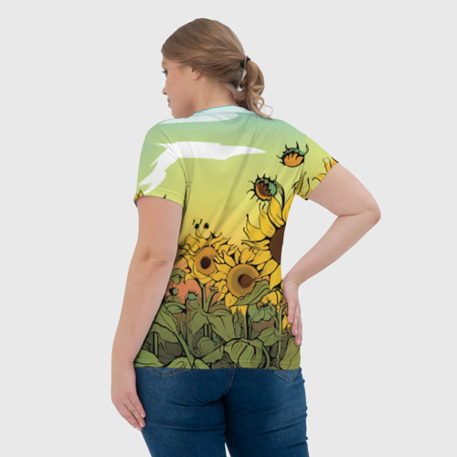 Женская футболка 3D с принтом Поле подсолнухов, вид сзади #2